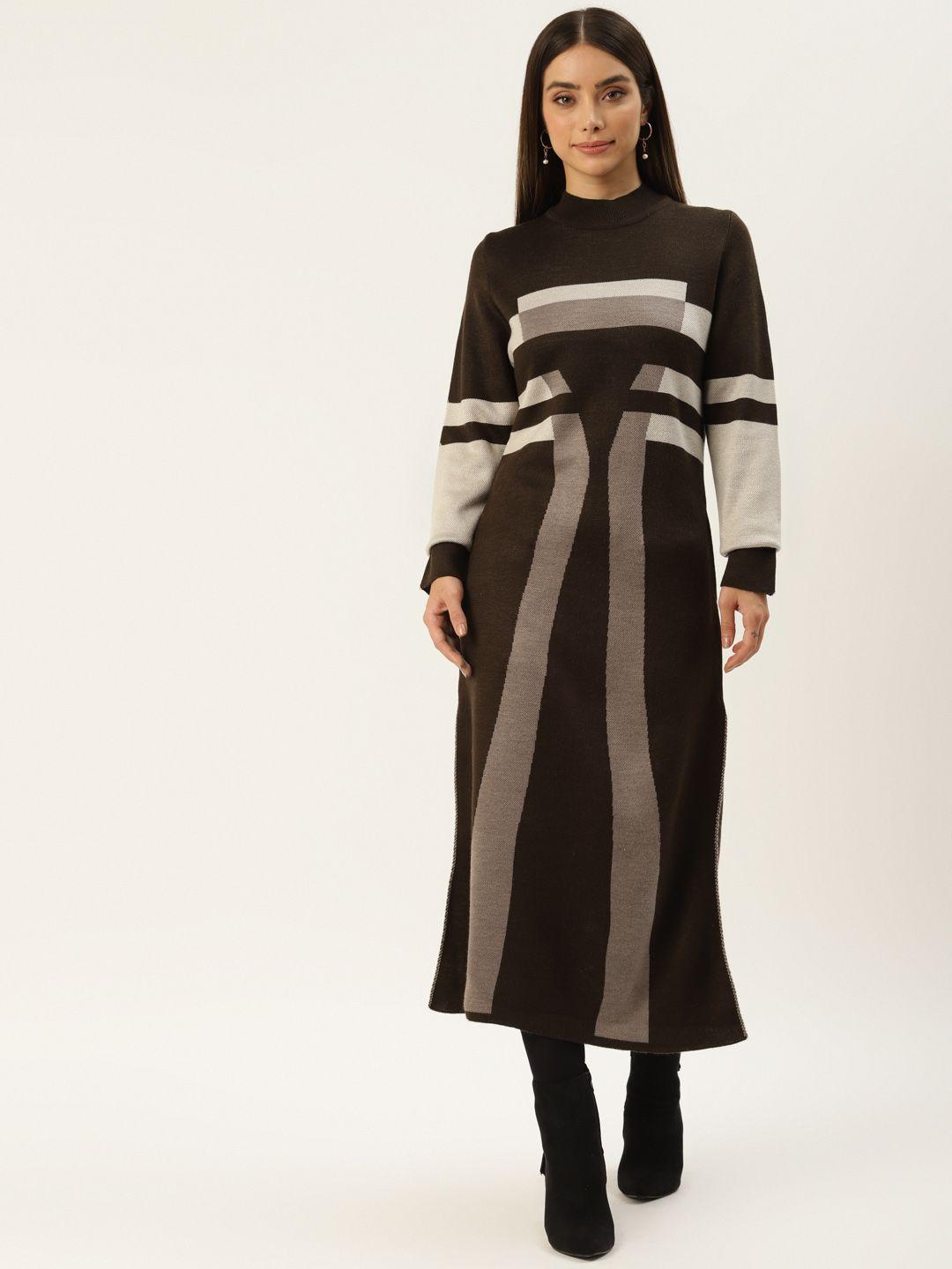 apsley coffee brown & beige striped winter midi jumper dress