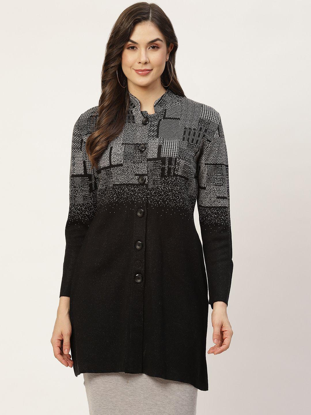apsley women black & grey printed longline cardigan