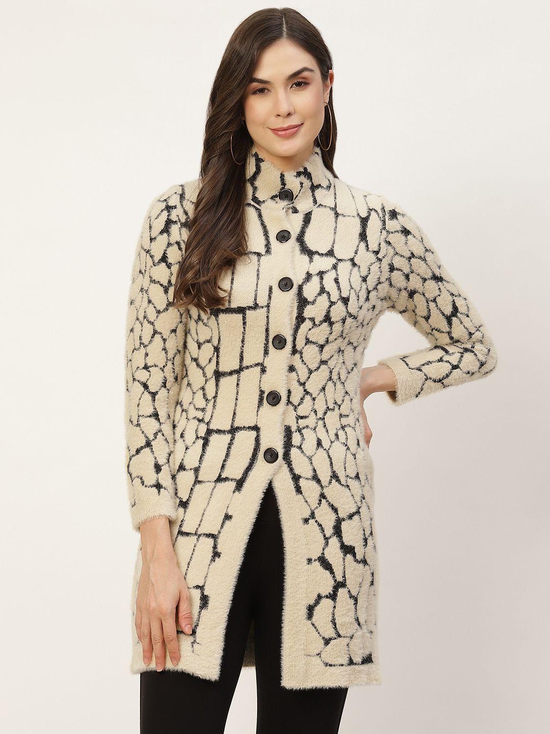 apsley women cream-coloured & black printed cardigan with fuzzy detail