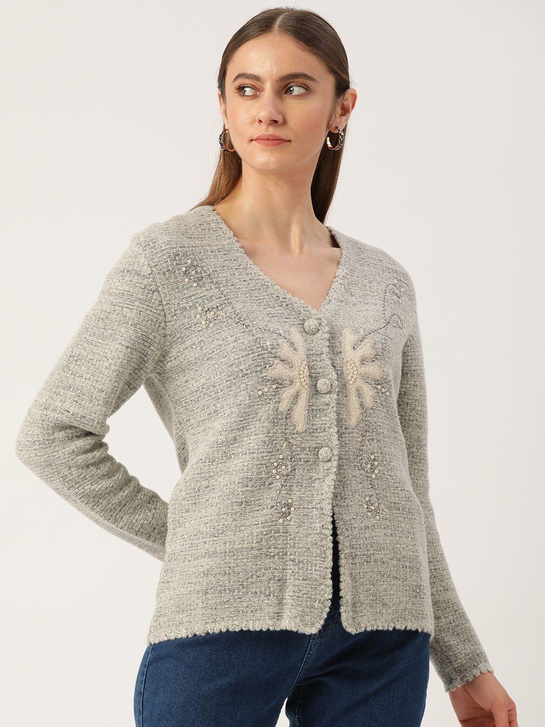 apsley women grey floral cardigan with embroidered detail