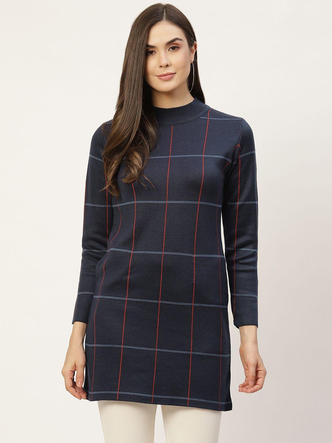 apsley women navy blue & red checked longline pullover