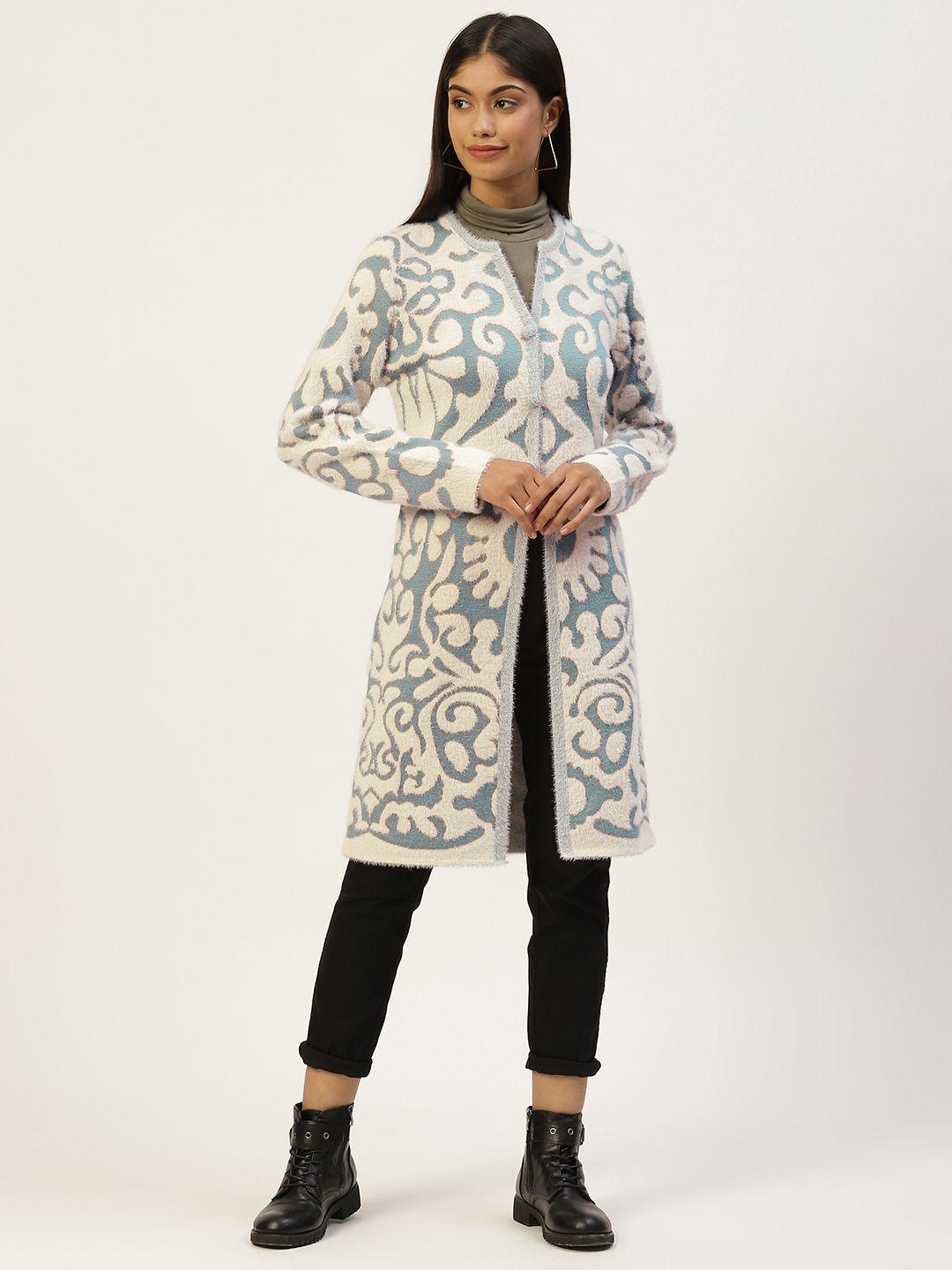 apsley women off white & blue floral printed longline coat