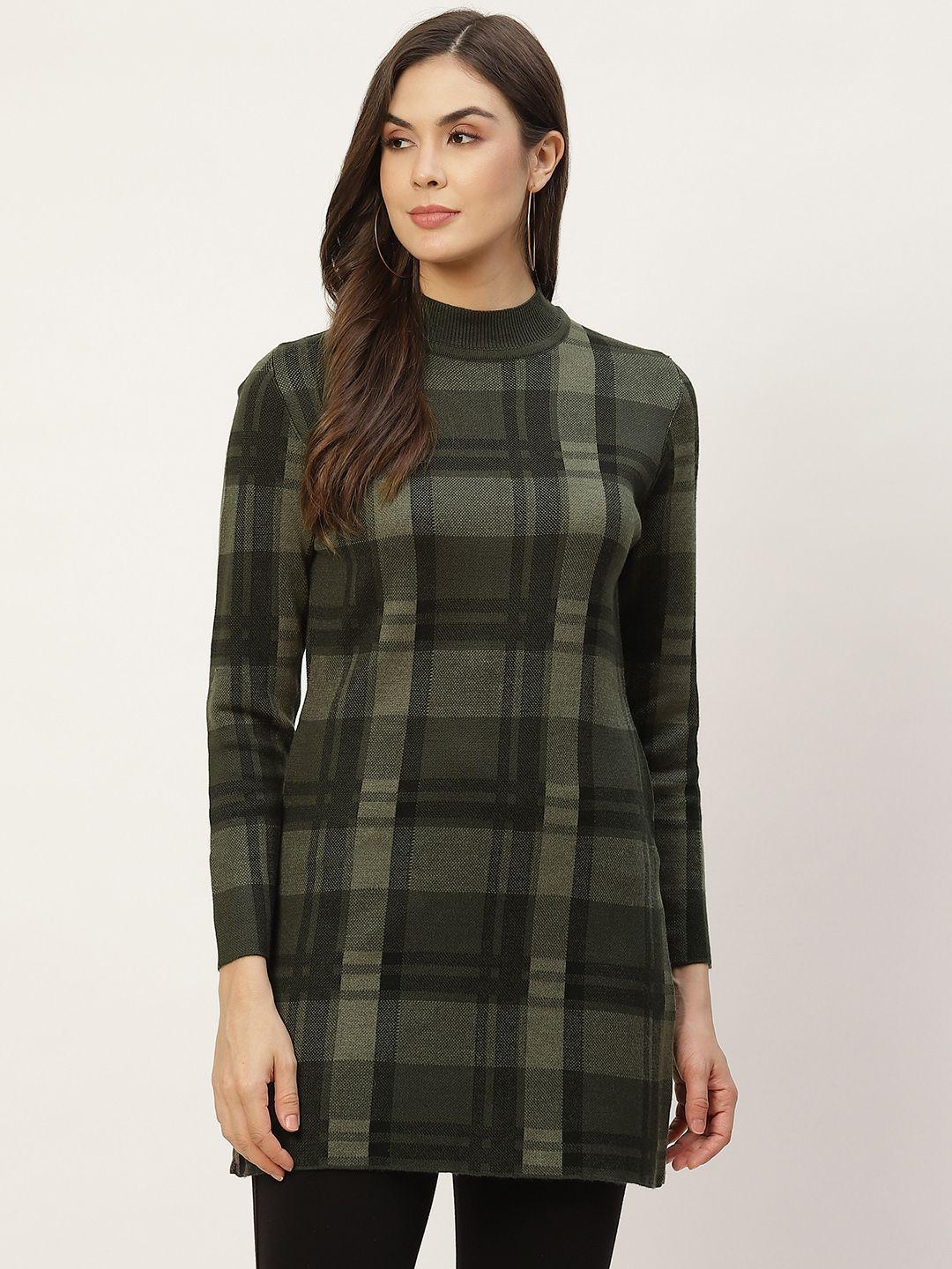 apsley women olive green & black checked longline pullover