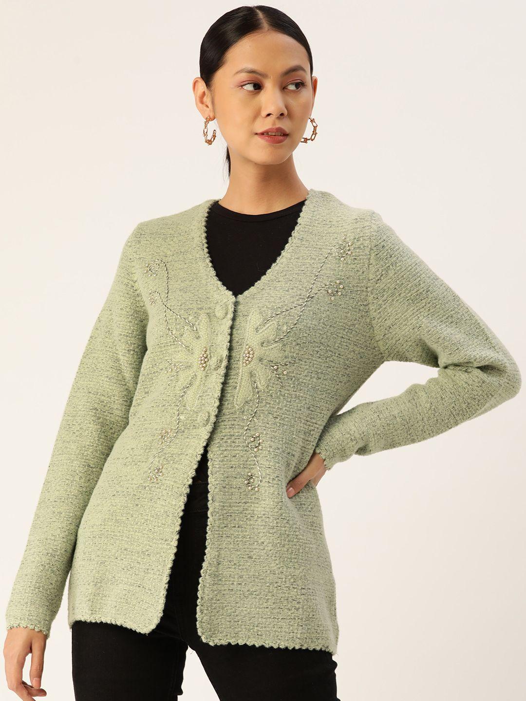 apsley women sea green floral cardigan with embellished detail