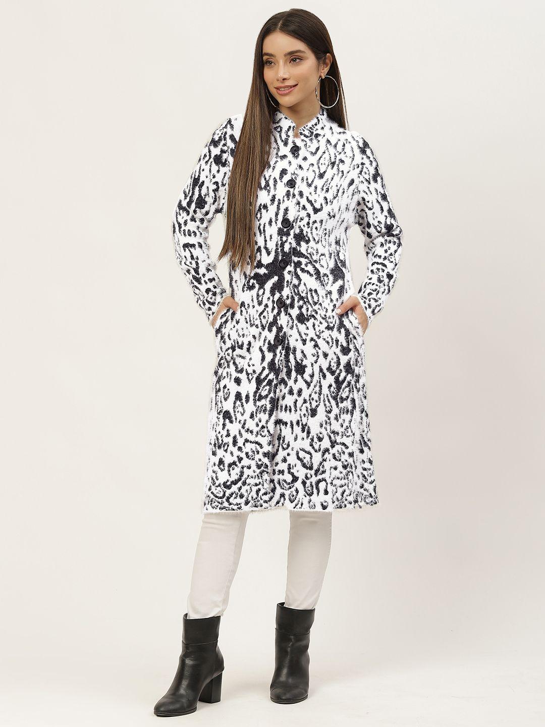 apsley women white & black animal print fuzzy longline overcoat