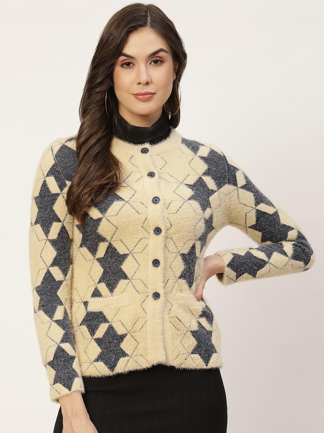 apsley women yellow & charcoal grey self-design fuzzy cardigan