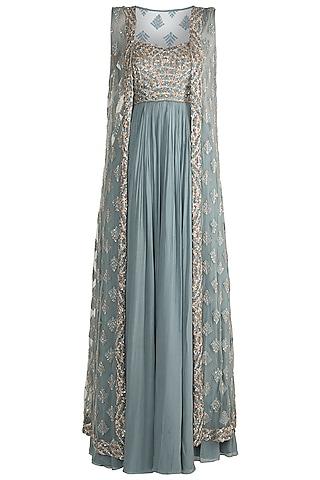 aqua blue embroidered gown with jacket