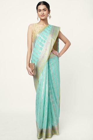 aqua embroidered cotton polyester sari