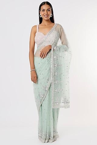 aqua embroidered saree