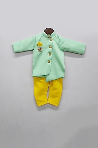 aqua green & yellow embroidered ajkan kurta set for boys