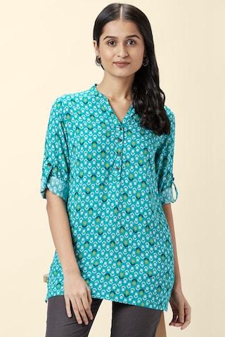 aqua printed casual 3/4th sleeves mandarin women regular fit tunic