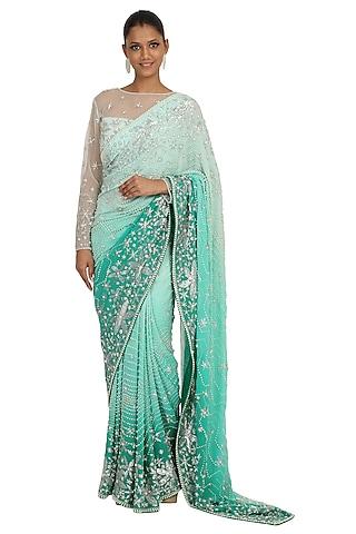 aqua shaded foil georgette hand embroidered saree set
