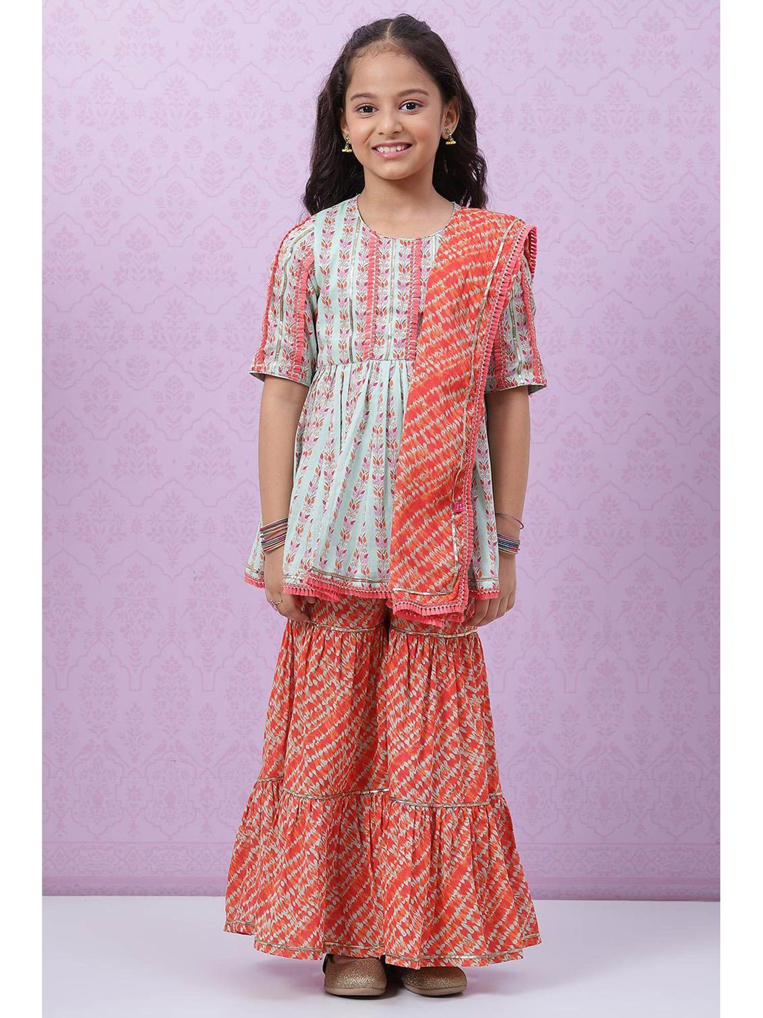 aqua & coral printed kurta (set of 3)