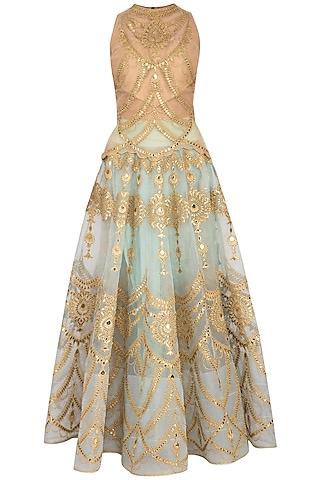 aqua & gold embroidered blouse with lehenga skirt