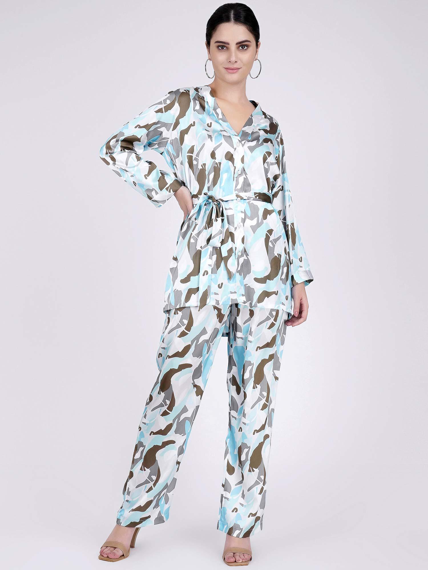 aqua abstract camouflage shirt and pants set (set of 3)