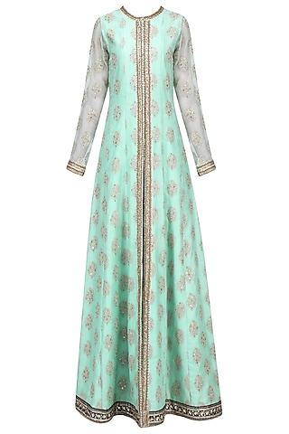 aqua and pink embroidered anarkali set