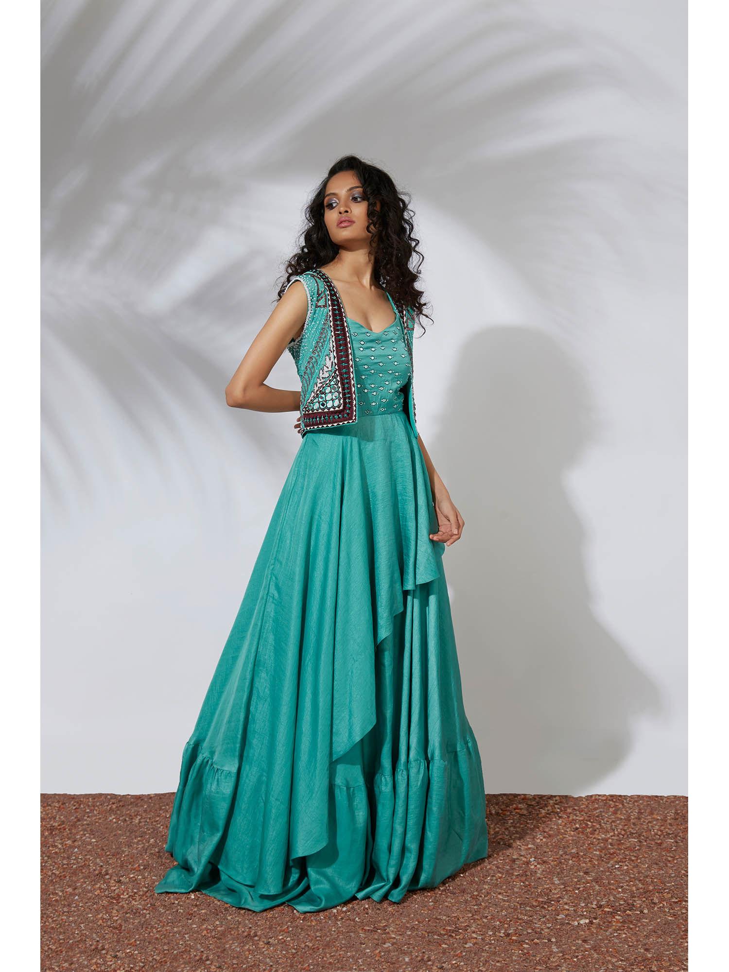 aqua asymmetrical gown with embroidered crop jacket (set of 2)