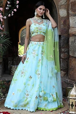 aqua blue & green silk hand embroidered tie-dye lehenga set