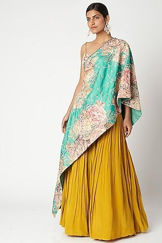 aqua blue & mustard yellow embroidered cape set