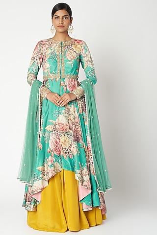 aqua blue & mustard yellow high-low anarkali set