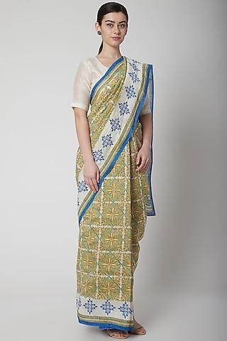 aqua blue & yellow silk linen floral hand block printed saree