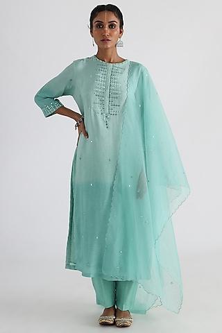 aqua blue bam silk & mulmul embroidered kurta set