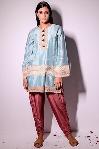 aqua blue chanderi & mulmul embroidered kurta set