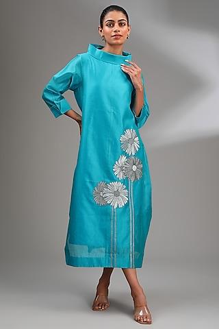 aqua blue chanderi embroidered midi a-line dress