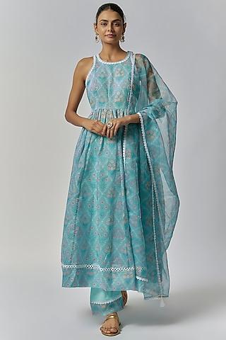 aqua blue chanderi floral printed anarkali set