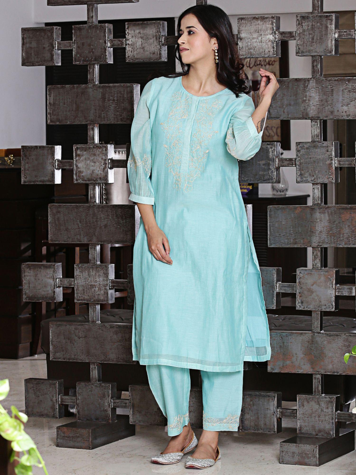 aqua blue chanderi kurta with zari detailing pant (set of 2)