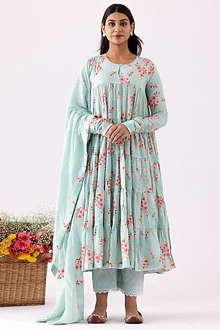 aqua blue chanderi printed & hand embroidered anarkali set