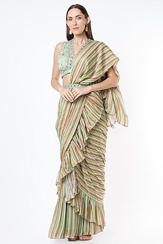 aqua blue chiffon striped printed ruffled saree set