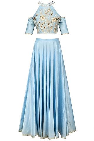 aqua blue cold shoulder blouse and skirt set