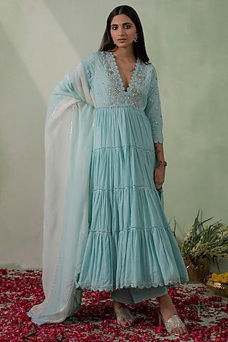 aqua blue cotton cambric zari embellished layered anarkali set