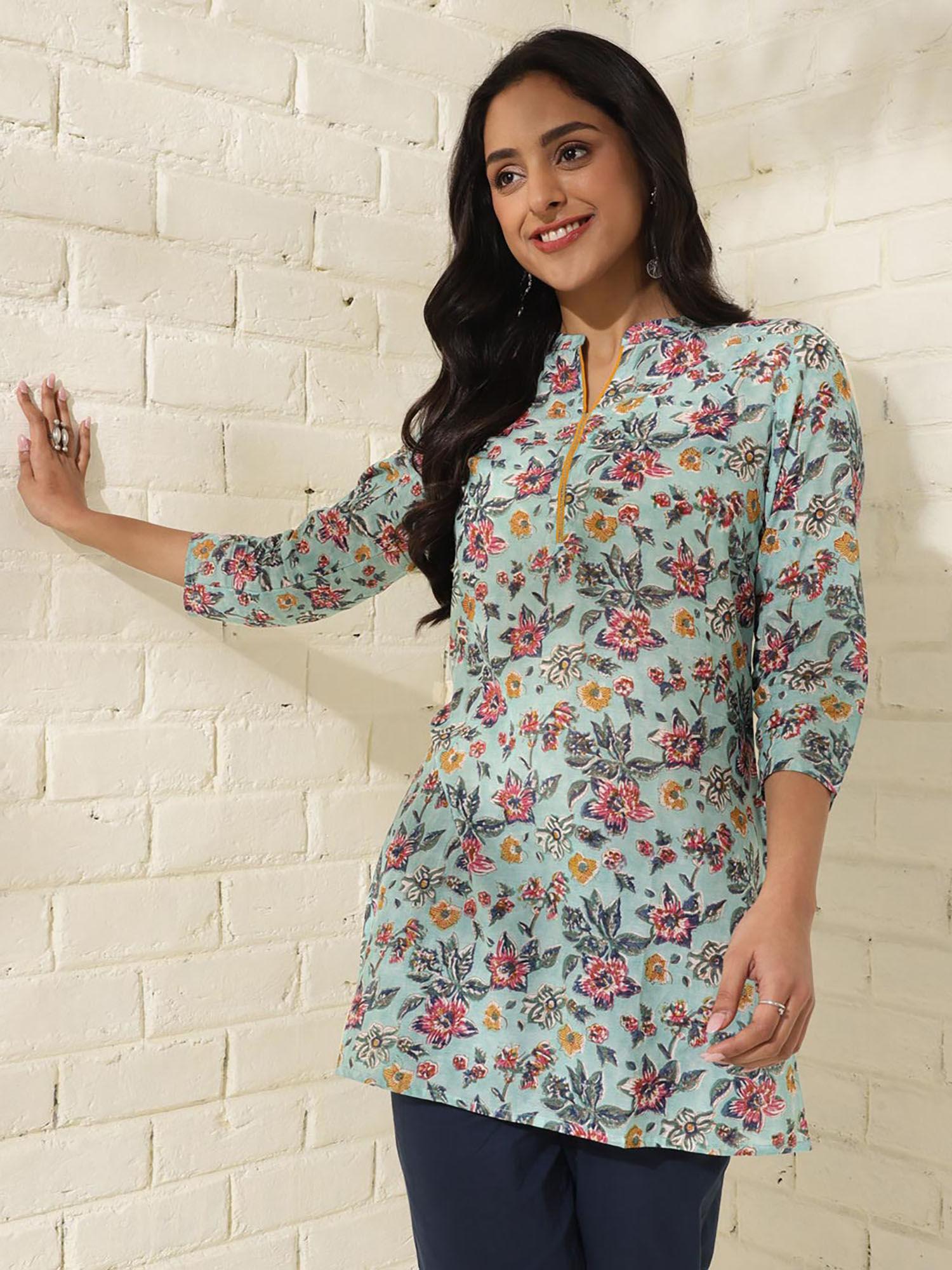 aqua blue cotton viscose slim fit floral print mandarin collar kurti