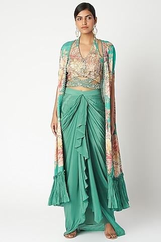 aqua blue embroidered & printed cape set