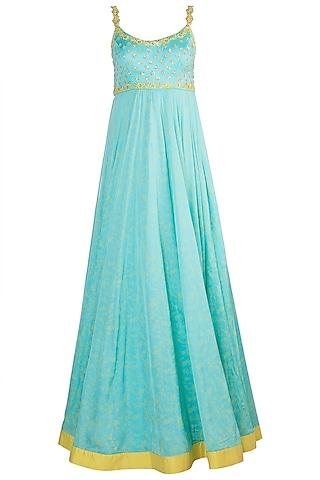 aqua blue embroidered & printed gown with dupatta