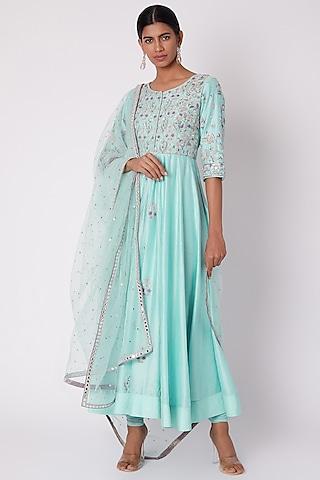 aqua blue embroidered anarkali set