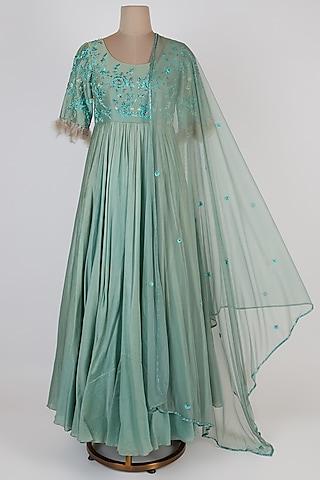 aqua blue embroidered anarkali set