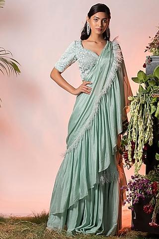 aqua blue embroidered draped ruffle saree set