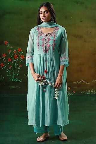 aqua blue embroidered gathered kurta set