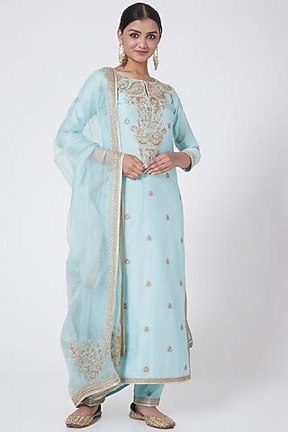 aqua blue embroidered kurta set