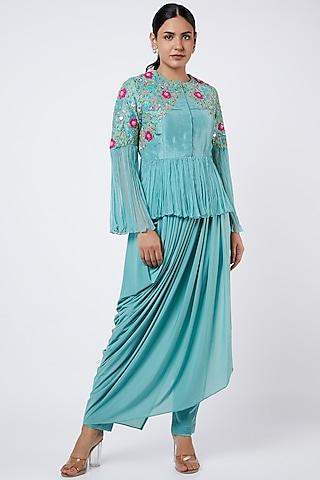 aqua blue embroidered peplum tunic set