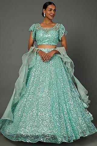 aqua blue embroidered ruffled lehenga set