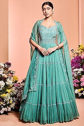 aqua blue embroidered tiered anarkali set