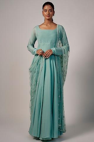 aqua blue flat chiffon & net gown with dupatta