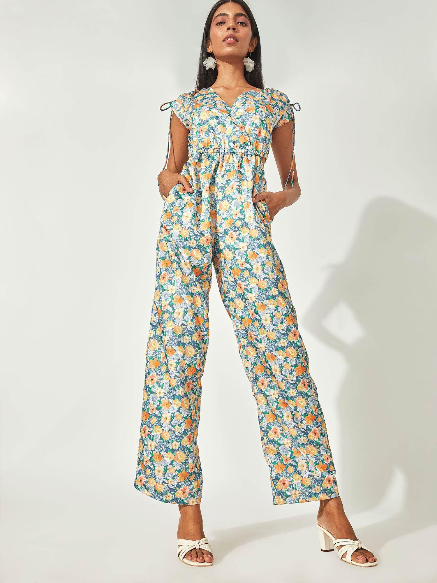 aqua blue floral cut-out jumpsuit