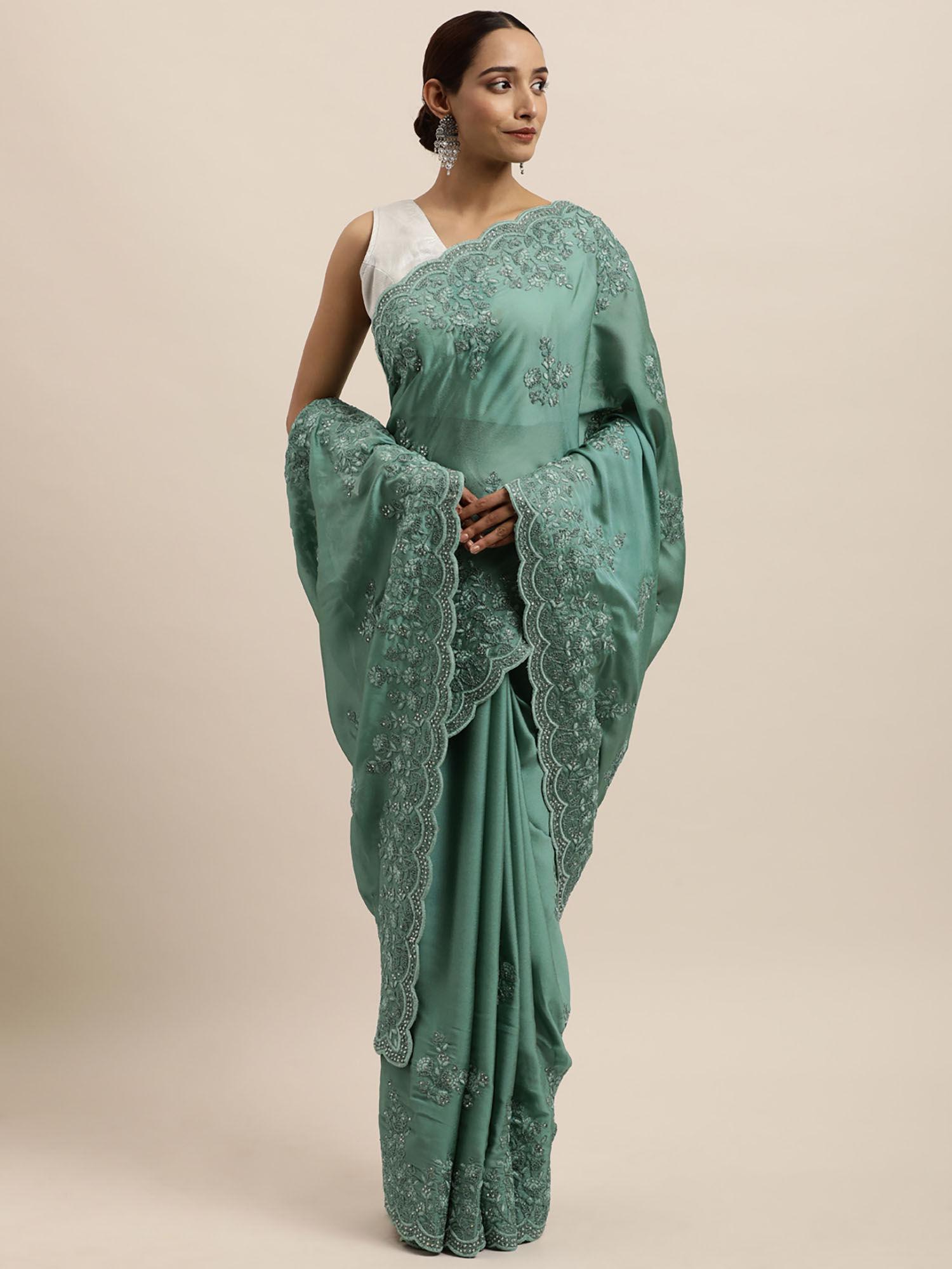 aqua blue floral embroidered art silk saree with unstitched blouse