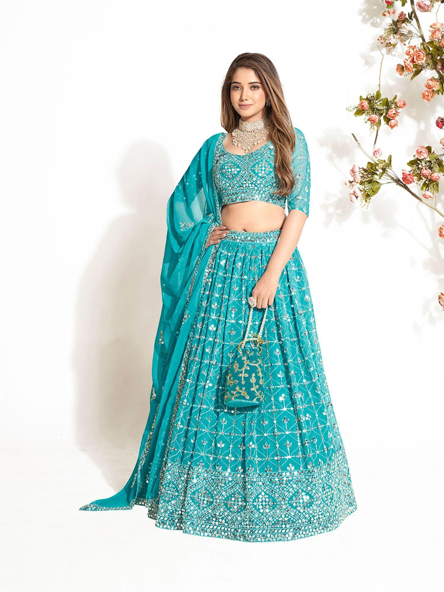 aqua blue georgette semi stitched lehenga & unstitch blouse with dupatta (set of 3)