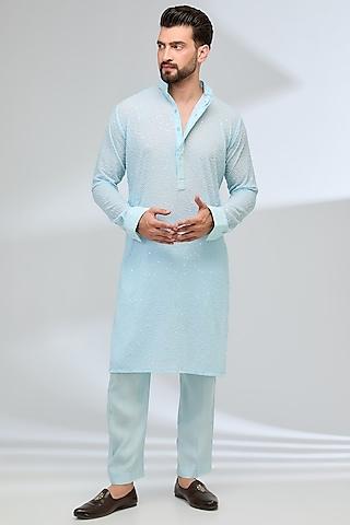 aqua blue georgette sequins embroidered kurta set